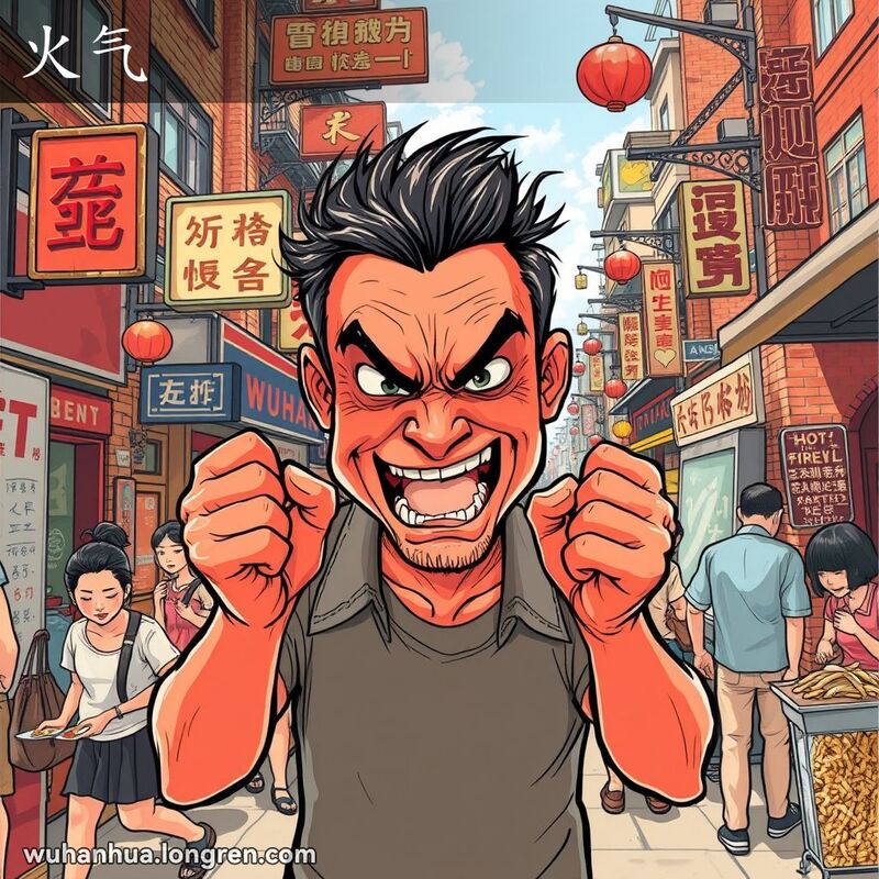 一个武汉男子在炎热的街头，面红耳赤，手舞足蹈，表现出“火气”的愤怒状态，背景是武汉的传统街景。