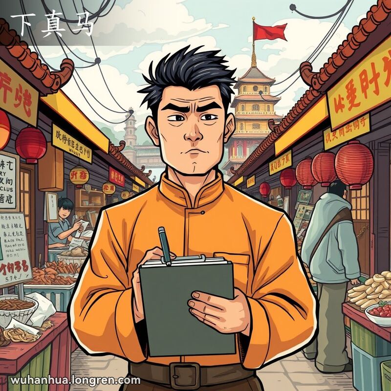 一位穿着传统服装的武汉市民在街头市场中，手持笔记本和笔，神情严肃专注，准备记录重要事项，背景是黄鹤楼和长江。
