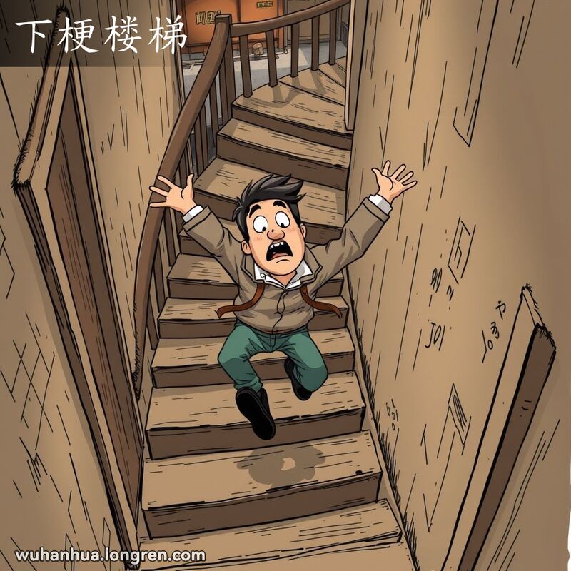 一个人从老旧木楼梯上跌落，表情惊讶，背景是武汉传统建筑风格的楼梯和街景