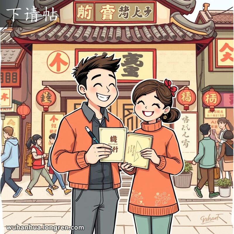 一对武汉情侣在老房子前手持婚礼请帖，准备发送邀请函，背景是繁忙的武汉街道