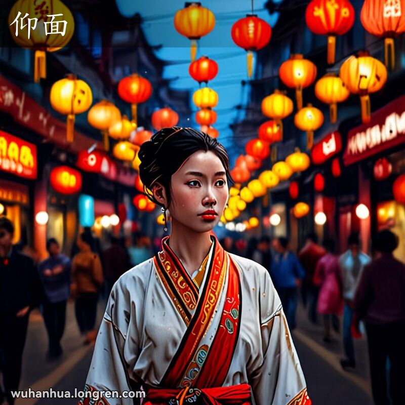 一位年轻女子在武汉街头行走，突然抬头露出急切的表情，背景是热闹的街头小贩和行人