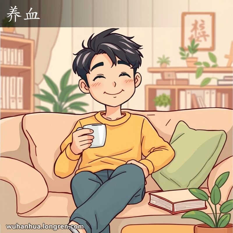 一位武汉年轻人坐在沙发上，手捧茶杯，露出满足的笑容，表现出“养血”的轻松愉快状态，背景是温馨的客厅。