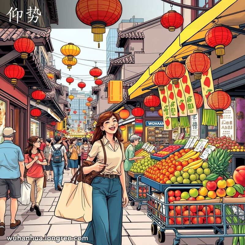 一位武汉女子在街市中手提购物袋，偶遇朋友后顺便在水果摊前购买水果，背景是武汉街市景象