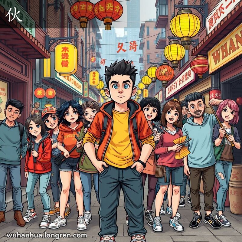 一群武汉市民在街头集市上聚集，手持工具和道具，展现团结合作的精神，背景是武汉的传统街景。