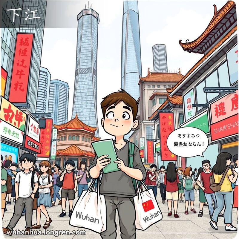 一位武汉市民站在上海街头，手持地图和包裹，露出好奇的表情，背景是上海的现代高楼和传统建筑