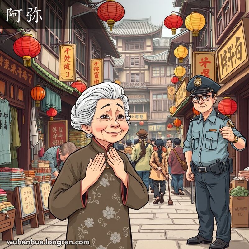 一位老妇人双手合十，表情庆幸，背景中警察抓捕小偷，武汉老街景
