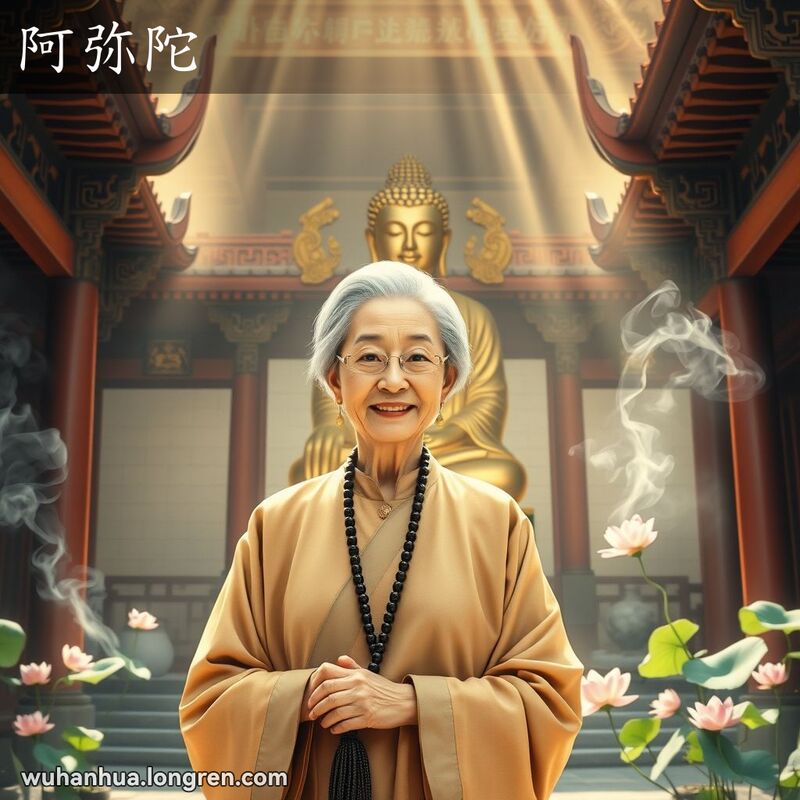 一位慈祥的老妇人站在寺庙庭院中，手持佛珠，背景是金色佛像和莲花，画面宁静灵性。