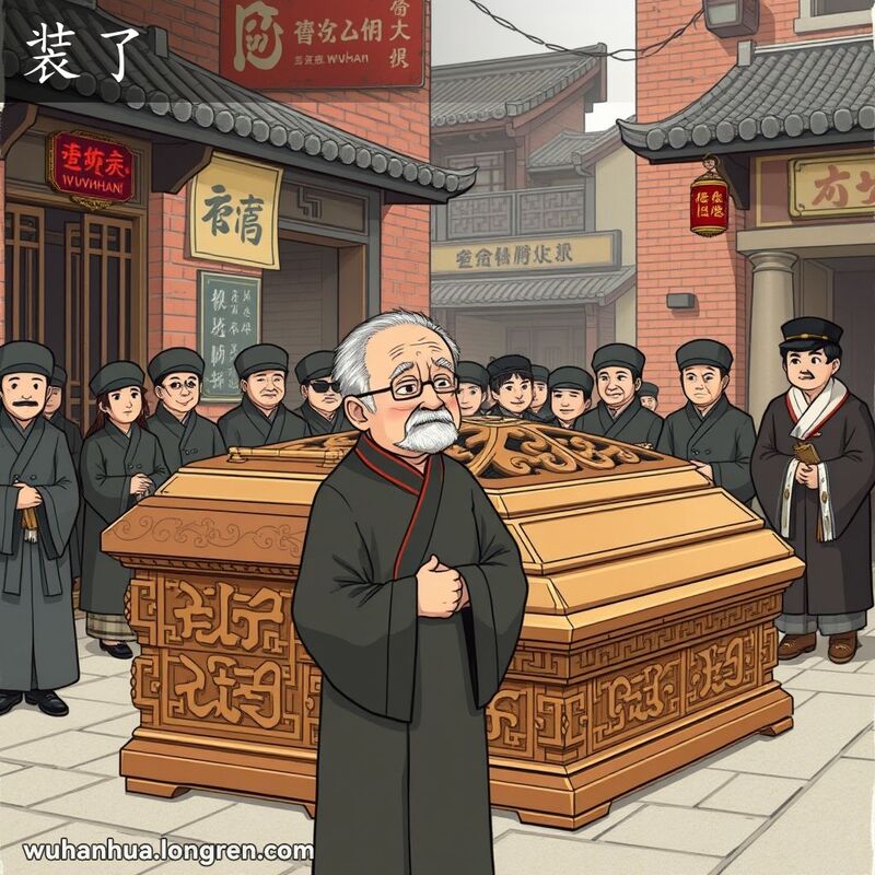 一位身穿传统中国丧服的老人站在雕刻精美的棺材旁，神情肃穆，背景是武汉老街景