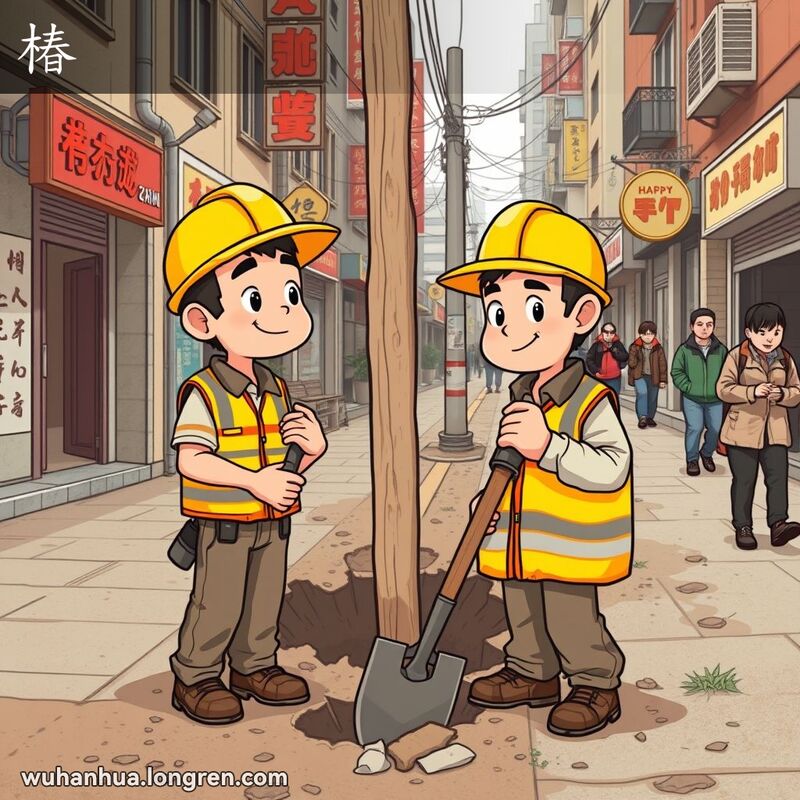 一位武汉建筑工人站在刚挖好的坑旁，手持铁锹，满意地看着刚埋入土中的木桩，背景是武汉街景。