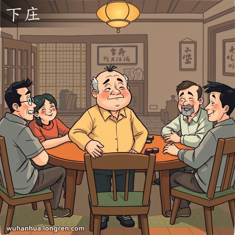 一群朋友在温馨的房间里打牌，主角刚刚结束庄家角色，准备将筹码交给下一位玩家，其他玩家用理解的眼神看着他。