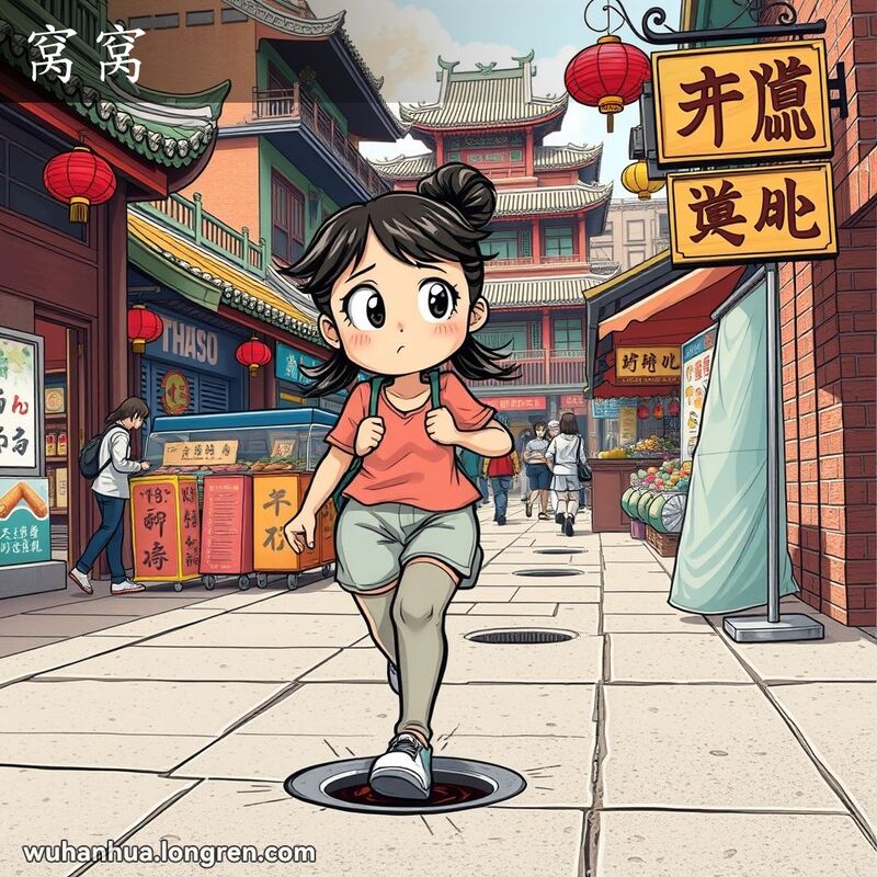 一位年轻女孩在武汉街道上行走时踩到小坑，表情惊讶，背景是武汉老街景