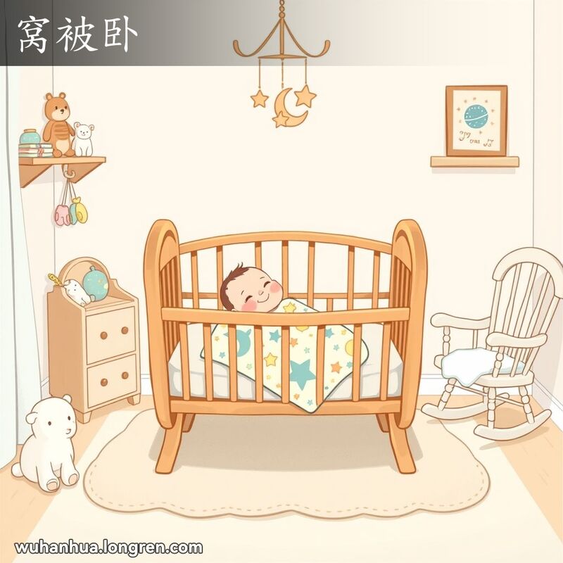 婴儿房中，婴儿躺在摇篮里，裹着小被子，露出满足的笑容，房间里有玩具和摇椅。