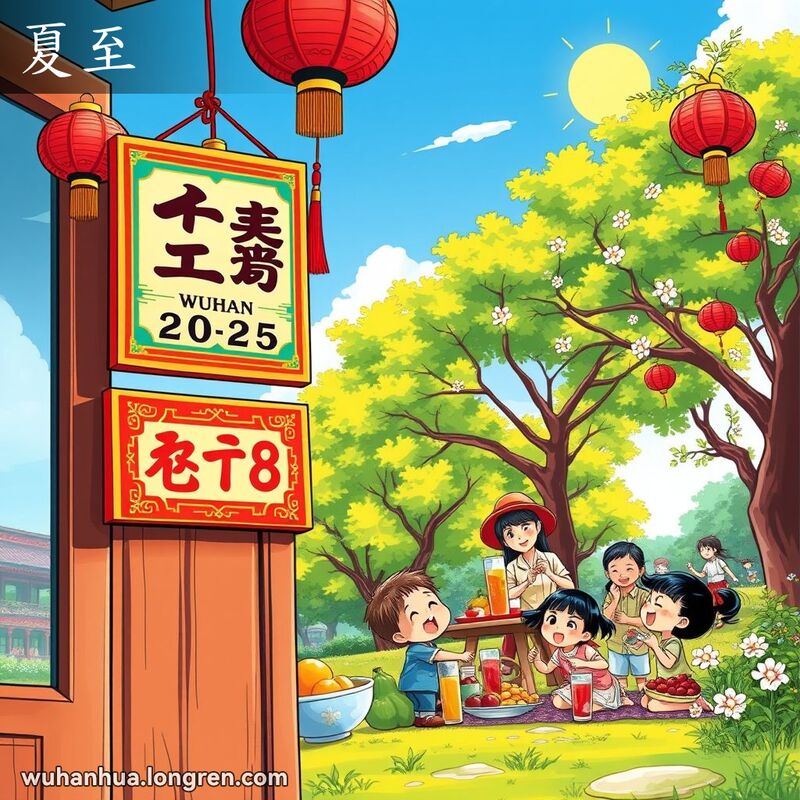 武汉夏至节气，家人围坐享受夏日，背景有绿树和孩子们嬉戏的公园