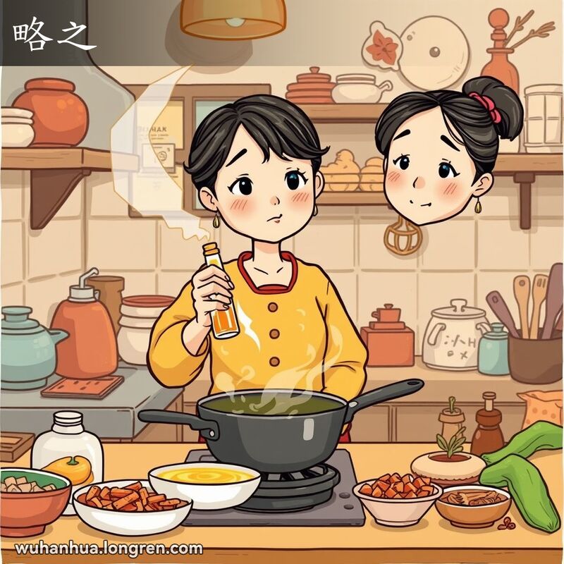 一位武汉妇女在厨房里手持油瓶，准备往锅里倒一点油，脸上带着稍微思考的表情，背景是忙碌的厨房