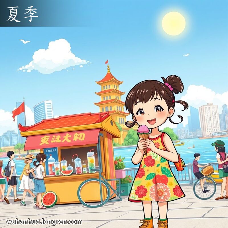 武汉夏季景象，小女孩手持冰淇淋站在街边小吃摊前，背景有黄鹤楼和长江，人们在江边钓鱼和划船，天空湛蓝，阳光明媚。