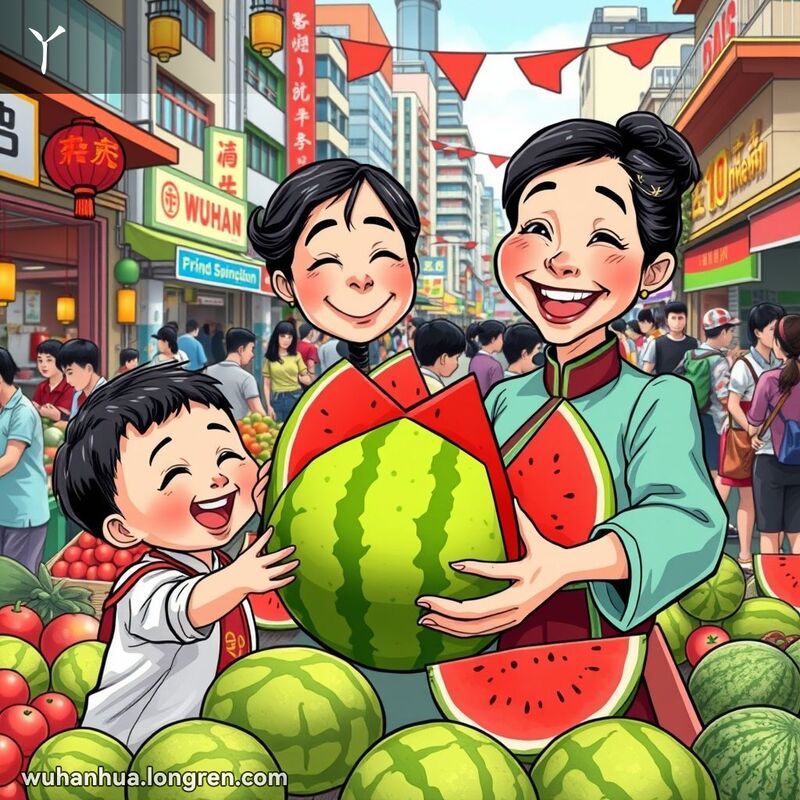 武汉露天市场，妇女递西瓜瓣给孩子，背景是热闹的市场摊位和人群