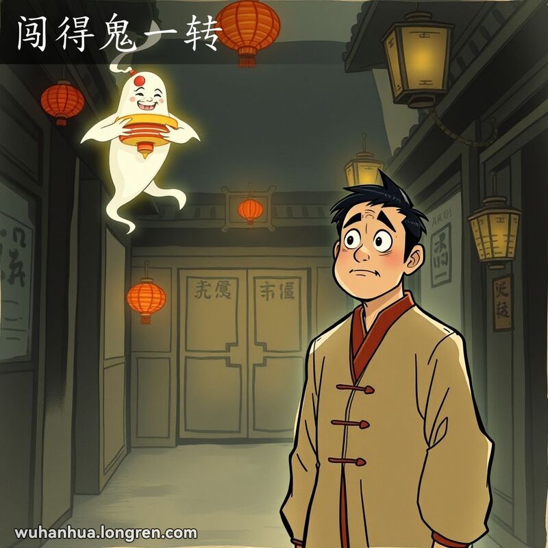 一位穿着传统中国服装的男子站在昏暗的巷子里，表情迷茫和震惊，背景中有一个鬼魅般的身影手持旋转的陀螺。