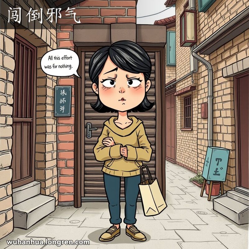 一位女性站在紧闭的门前，脸上带着失望和懊恼的表情，背景是武汉的传统街区