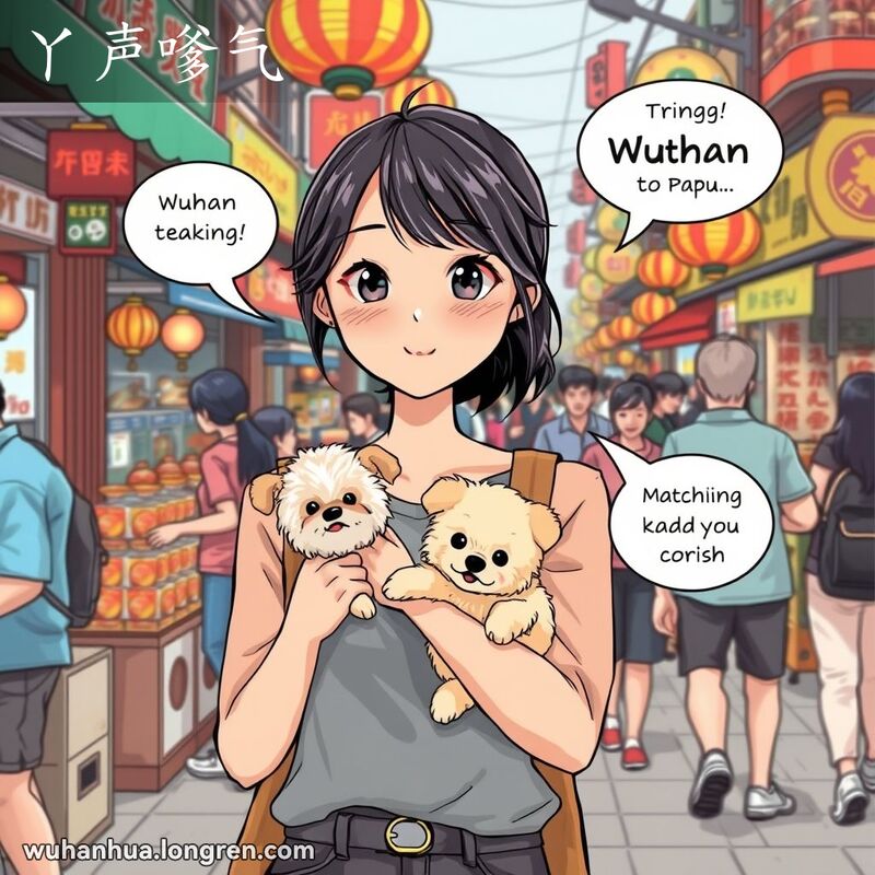 一位年轻的武汉女子在街市中抱着小狗，以撒娇的表情和朋友交谈，背景是繁忙的武汉街市