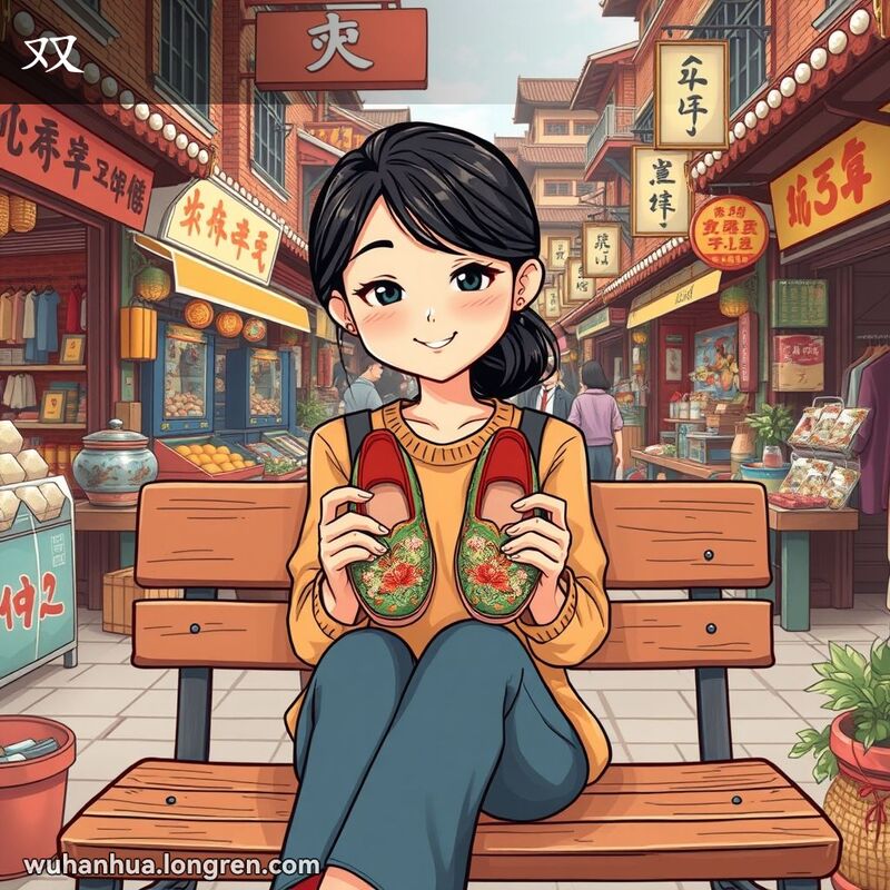 一位武汉女子坐在市场长椅上，手捧一双精美的刺绣鞋，露出满意的微笑，背景是武汉传统的红砖墙和老式招牌