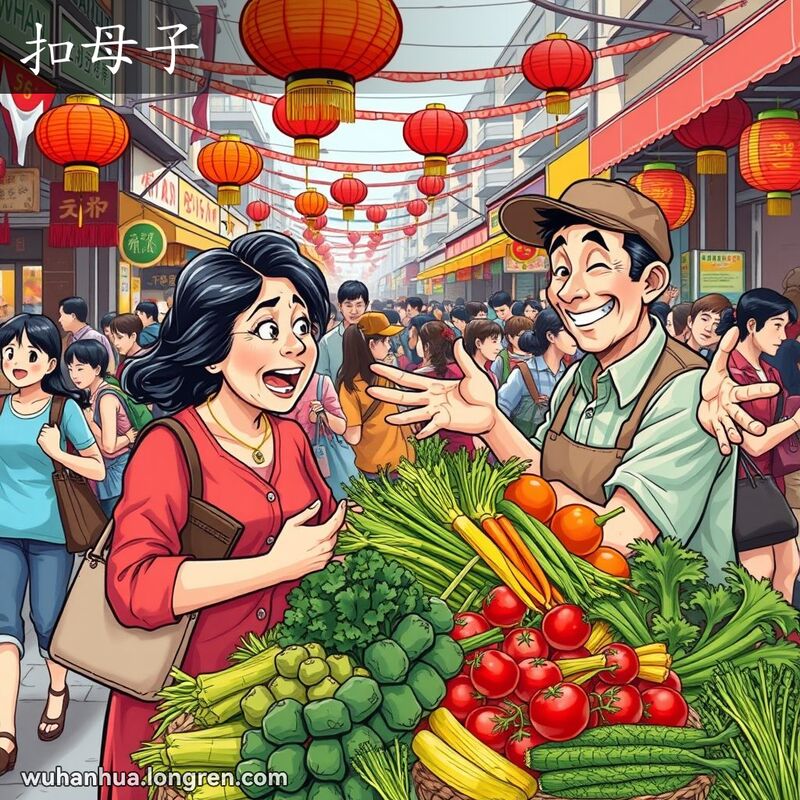 一位中年妇女在武汉街市上与摊贩讨价还价，背景是热闹的市场摊位和灯笼