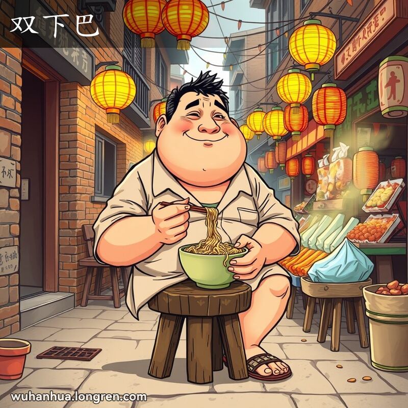 一位武汉市民坐在街边小吃摊前，手持热干面，露出满足的笑容，双下巴明显，背景是武汉老街景