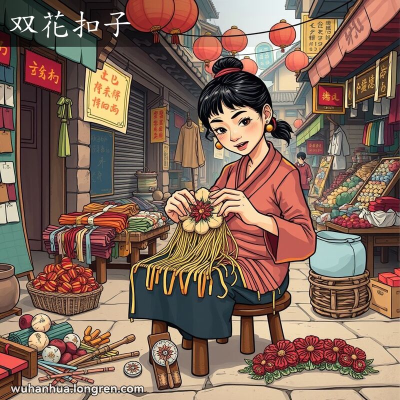 一位武汉街头的手工艺人正在用布条编织复杂的双花扣子，背景是热闹的街头市场