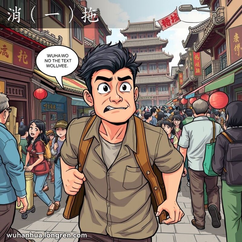 一位男子在武汉街头偷偷溜走，背景是繁忙的老街景
