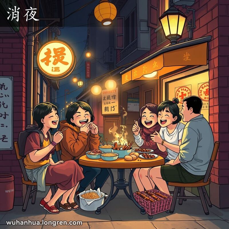 一群朋友在武汉夜市小吃摊前享受夜宵，背景是老街夜景
