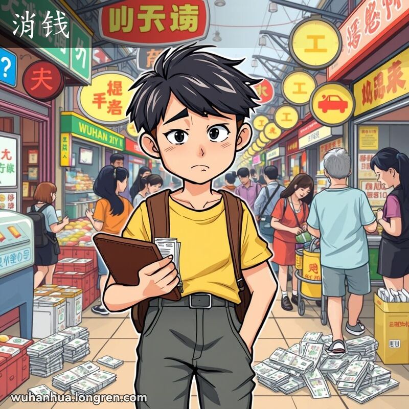 一位年轻的武汉市民站在市场中，手持钱包，望着散落的收据和账单，露出“消钱”的表情，背景是繁忙的武汉市场。