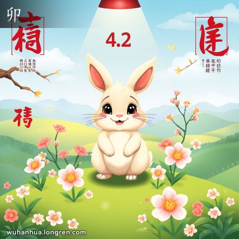 一只可爱的兔子站在十二地支的第四位，周围是绿植和花朵，背景是宁静的田园风光。