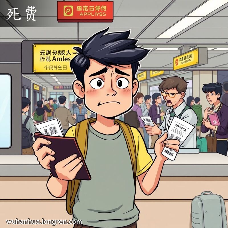 一位年轻人在火车站售票窗口前，手持钱包和车票，面露不满的表情，背景是忙碌的火车站和熙熙攘攘的旅客