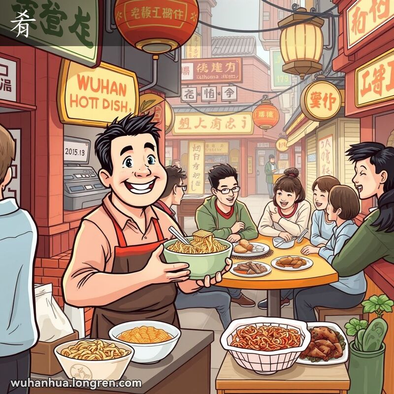 武汉街头市场，摊主为顾客端上热干面，顾客满脸笑容享受美食，背景中五位朋友围坐享用各种美食。