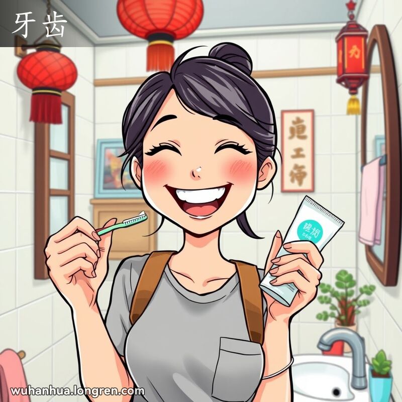 一位武汉年轻女子站在镜子前，露出灿烂的笑容，展示她洁白整齐的牙齿，背景是温馨的洗手间