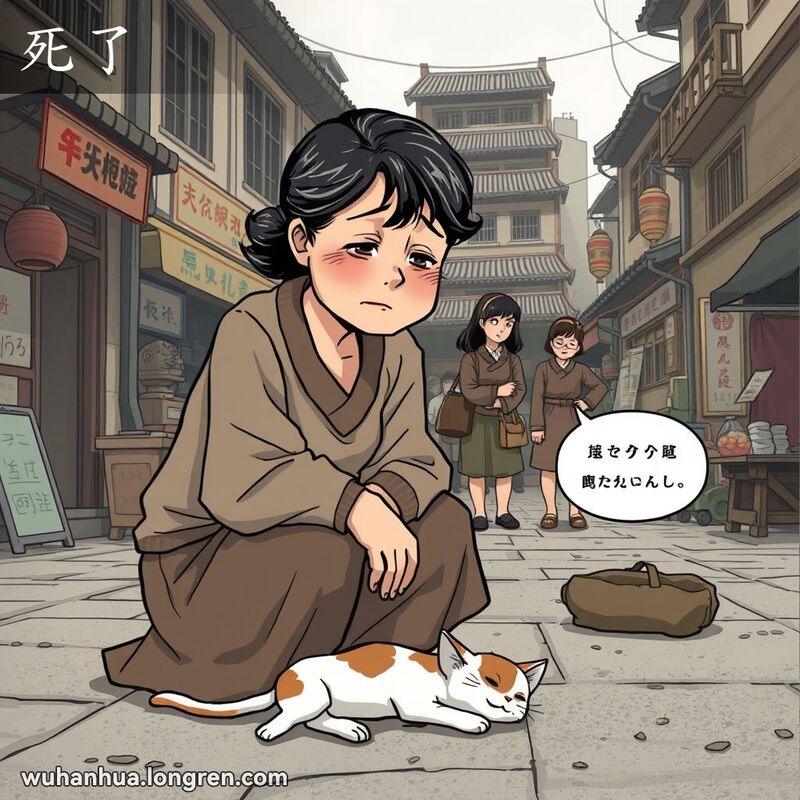 一位中年妇女跪在一只已经失去生命的小猫旁边，脸上充满了悲伤和泪水，背景是武汉的传统街道和热闹的市场。