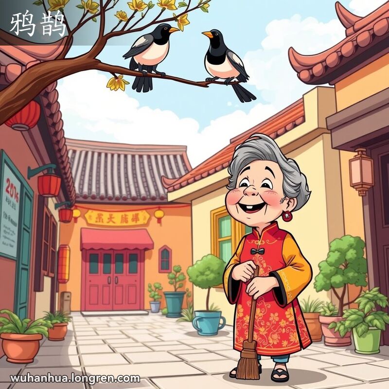 一位武汉老奶奶站在街边，望着天空中的喜鹊，脸上露出喜悦的表情，背景是武汉的传统街景