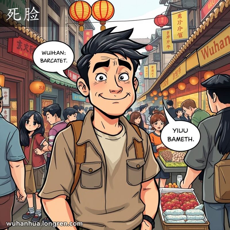 一位武汉男子在市场中毫无羞耻地讨价还价，周围人群不满，背景是武汉老街景