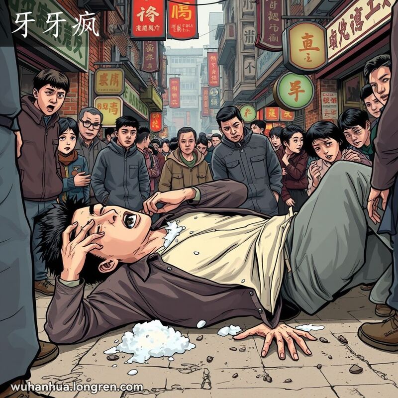 一位年轻男子在武汉街头市场突然发作癫痫，倒地抽搐，嘴角有泡沫，周围路人惊恐试图救助。