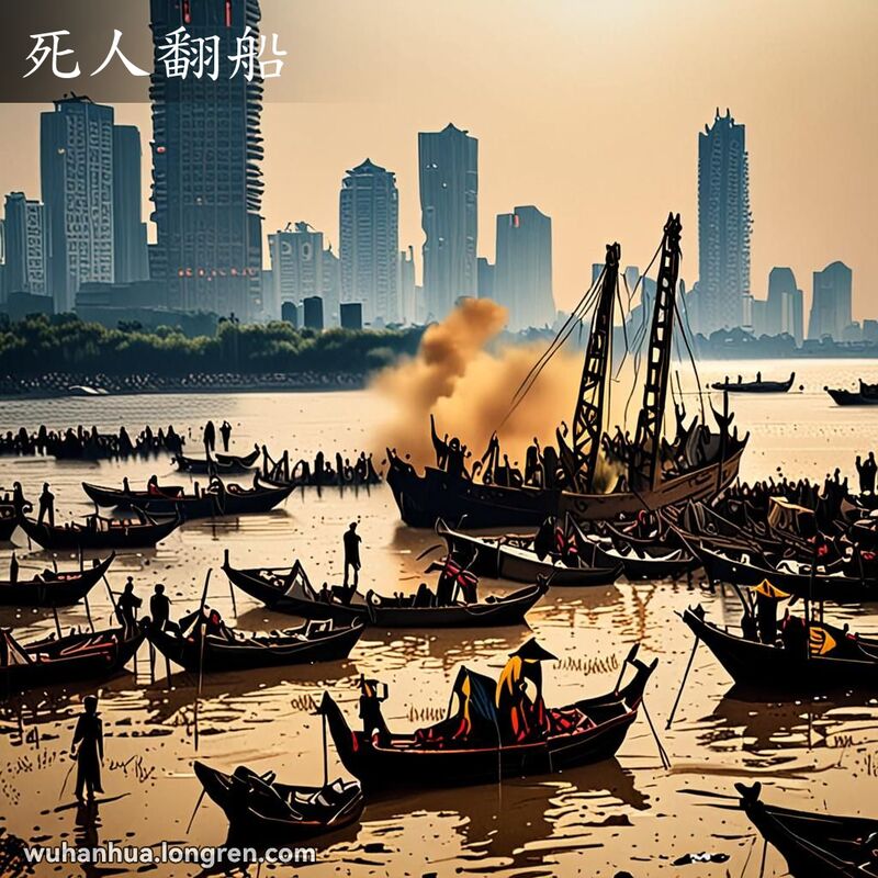 长江边木船翻船，人们在水中挣扎，背景是黄鹤楼，武汉市民在岸边目睹这一切，脸上露出震惊的表情。