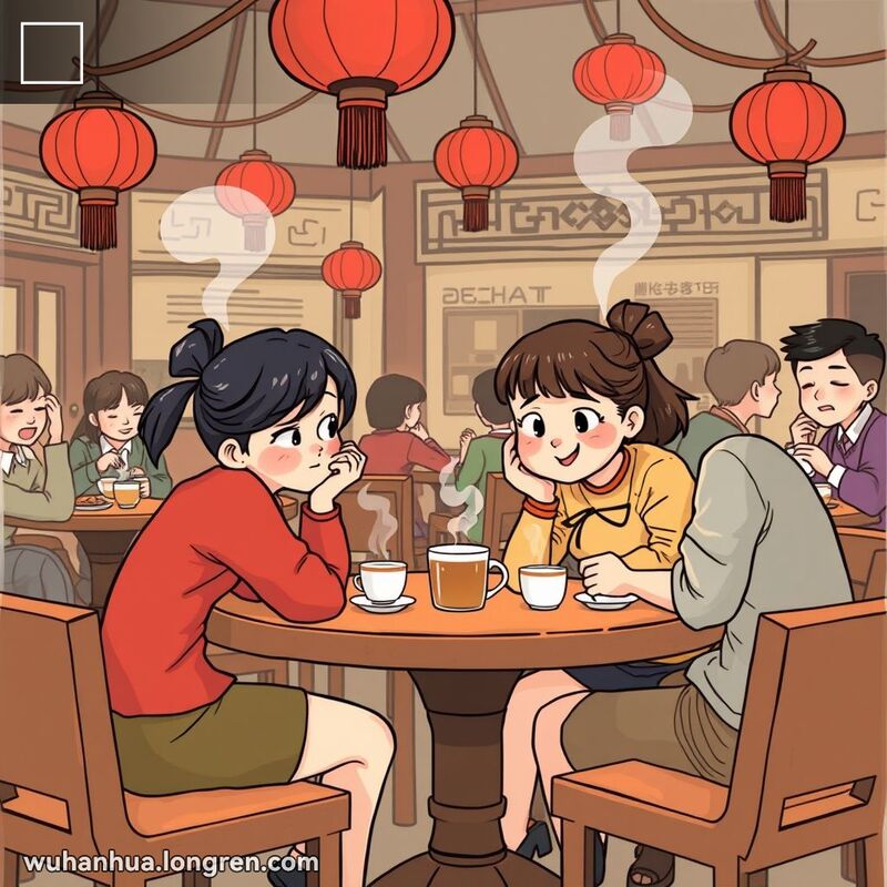 一群朋友在武汉茶馆里，一个朋友低声说着秘密，另一个朋友露出惊讶表情，背景是温馨的茶馆场景