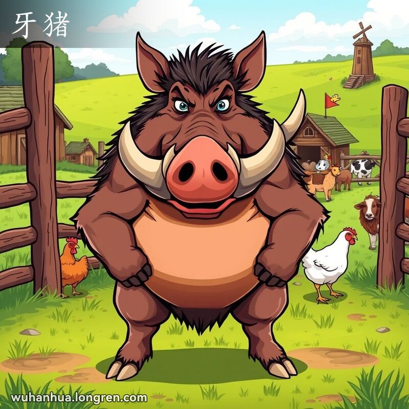 一头强壮的野猪站在农场的木栅栏前，背景是绿油油的田野和乡村农舍