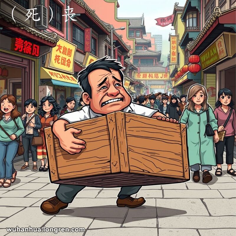 一位男子在武汉街头试图拉动一个沉重的旧木箱，表情疲惫和挫败，背景是武汉的传统街景
