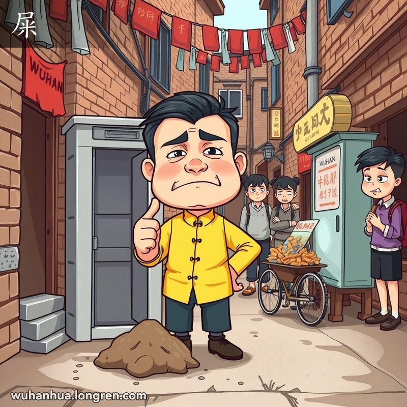 一位男子在武汉老街巷的公共厕所旁，指着地上的垃圾露出厌恶的表情，背景有路人和小摊贩