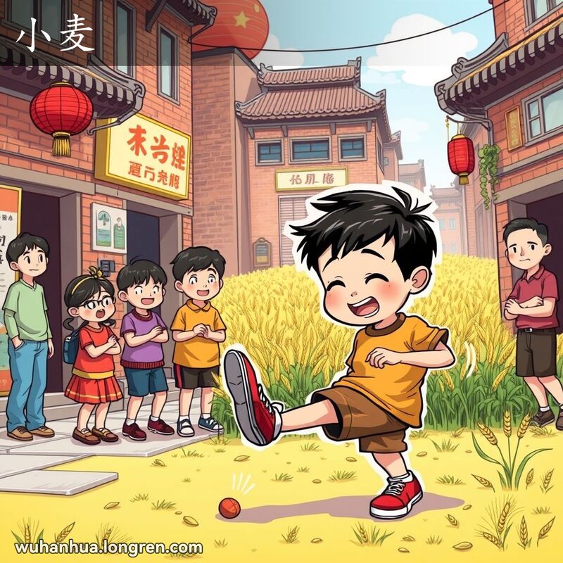 一群武汉孩子在老街上玩“小麦”游戏，男孩用右脚踢布制玩具，朋友们在旁观看和欢呼，背景是麦田。