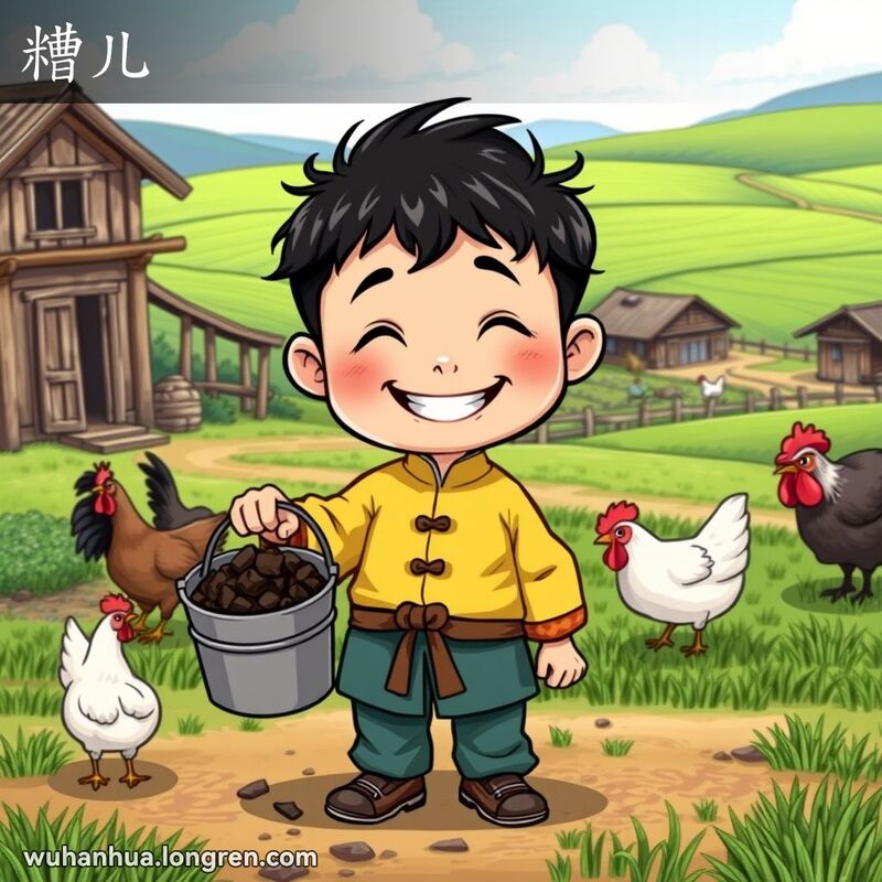 一个调皮的小男孩手持粪肥桶，站在农村场景中，周围是农田和家禽