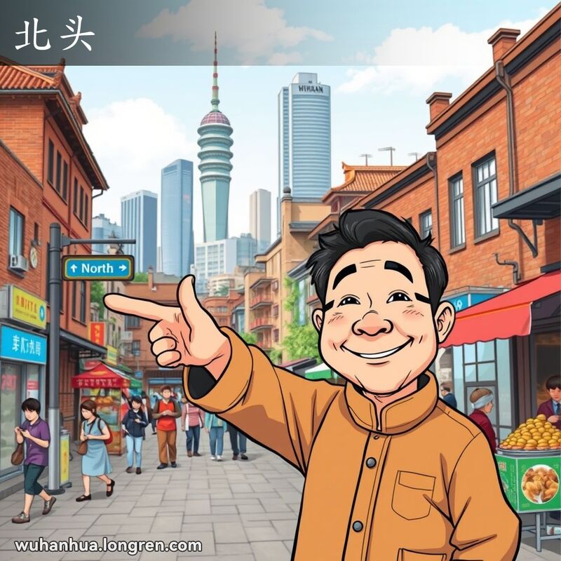 一位武汉市民站在街道上，指向北方，背景是武汉的城市天际线和地标建筑