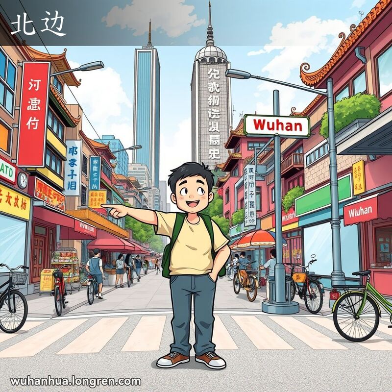 一位武汉市民站在街头，指向北边的方向，背景中有显眼的北侧地标建筑或标志