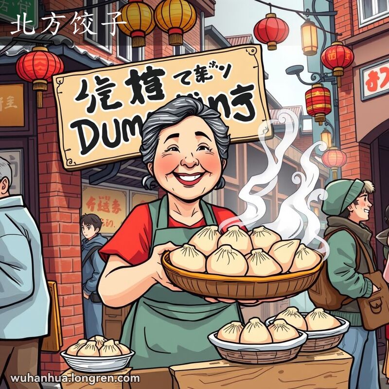 武汉街头饺子摊，摊主手持刚出锅的饺子，背景是老街景和顾客