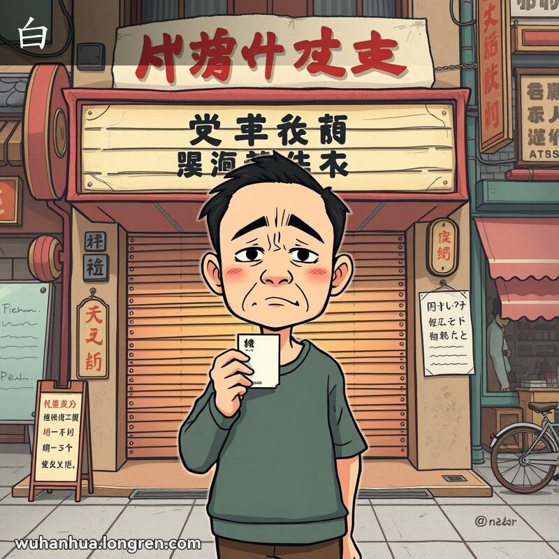 一位武汉市民站在关闭的剧院前，手持票，露出失望的表情，背景是武汉街景