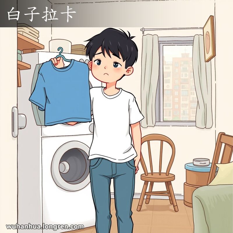 一位武汉市民站在洗衣机前，手里拿着一件洗得发白的蓝色衬衫，脸上露出失望的表情，背景是武汉家庭环境